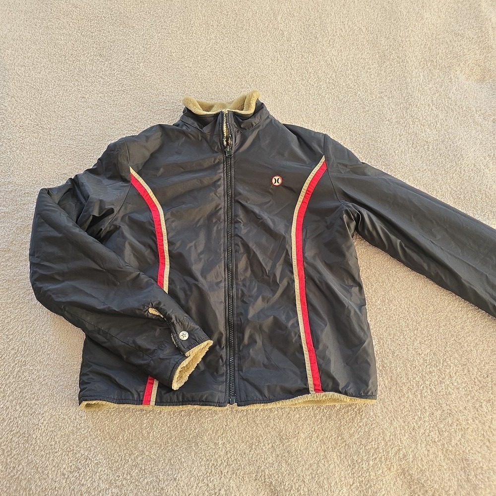 Vintage Hurley Juniors‎ Reversible Jacket Black Outside Faux Fur Inside Y2K Sz L